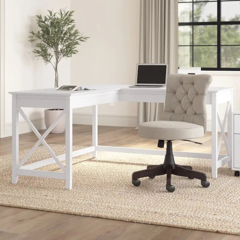 Bureau d'angle en L 2 personnes, 60W x 60D, Blanc Pur / Cerise Bing / Gris Lavé