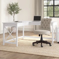 Bureau d'angle en L 2 personnes, 60W x 60D, Blanc Pur / Cerise Bing / Gris Lavé