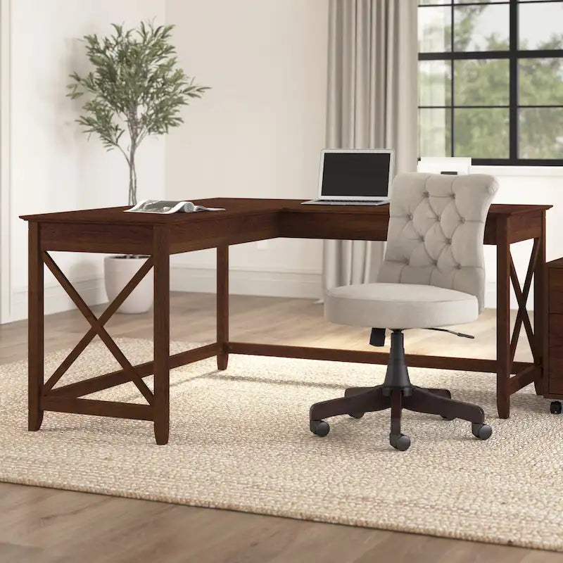 Bureau d'angle en L 2 personnes, 60W x 60D, Blanc Pur / Cerise Bing / Gris Lavé