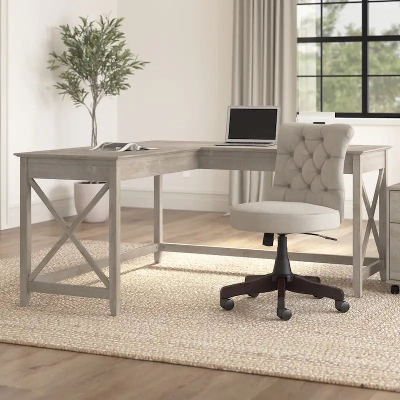 Bureau d'angle en L 2 personnes, 60W x 60D, Blanc Pur / Cerise Bing / Gris Lavé