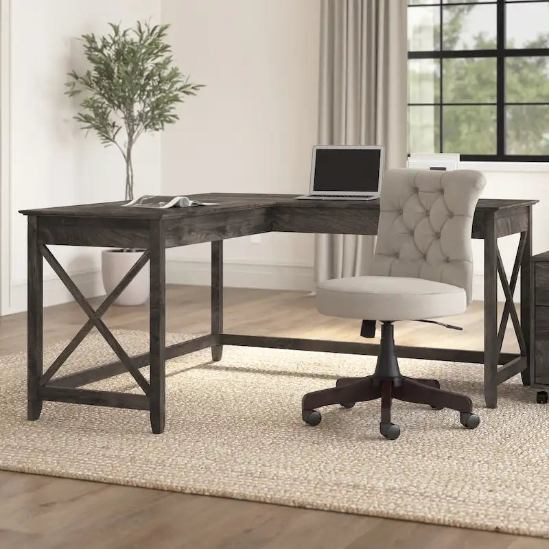 Bureau d'angle en L 2 personnes, 60W x 60D, Blanc Pur / Cerise Bing / Gris Lavé