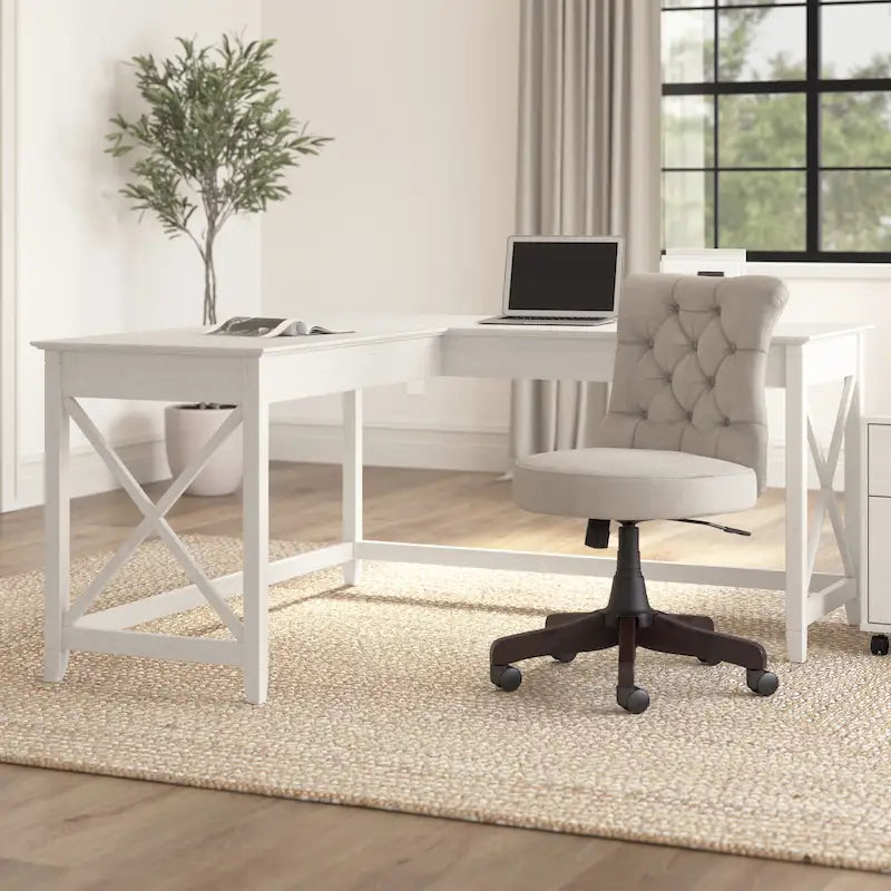 Bureau d'angle en L 2 personnes, 60W x 60D, Blanc Pur / Cerise Bing / Gris Lavé