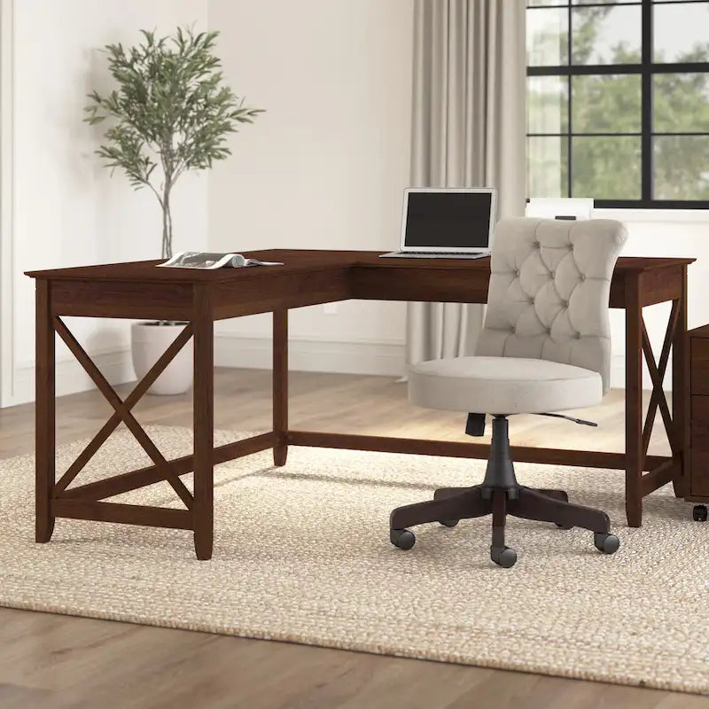 Bureau d'angle en L 2 personnes, 60W x 60D, Blanc Pur / Cerise Bing / Gris Lavé