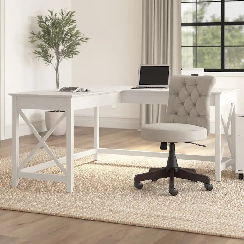 Bureau d'angle en L 2 personnes, 60W x 60D, Blanc Pur / Cerise Bing / Gris Lavé