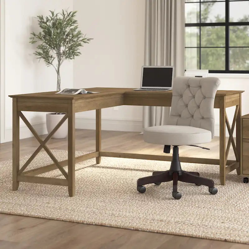 Bureau d'angle en L 2 personnes, 60W x 60D, Blanc Pur / Cerise Bing / Gris Lavé