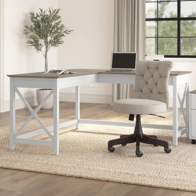 Bureau d'angle en L 2 personnes, 60W x 60D, Blanc Pur / Cerise Bing / Gris Lavé