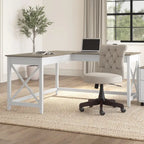 Bureau d'angle en L 2 personnes, 60W x 60D, Blanc Pur / Cerise Bing / Gris Lavé