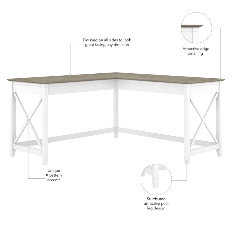 Bureau d'angle en L 2 personnes, 60W x 60D, Blanc Pur / Cerise Bing / Gris Lavé