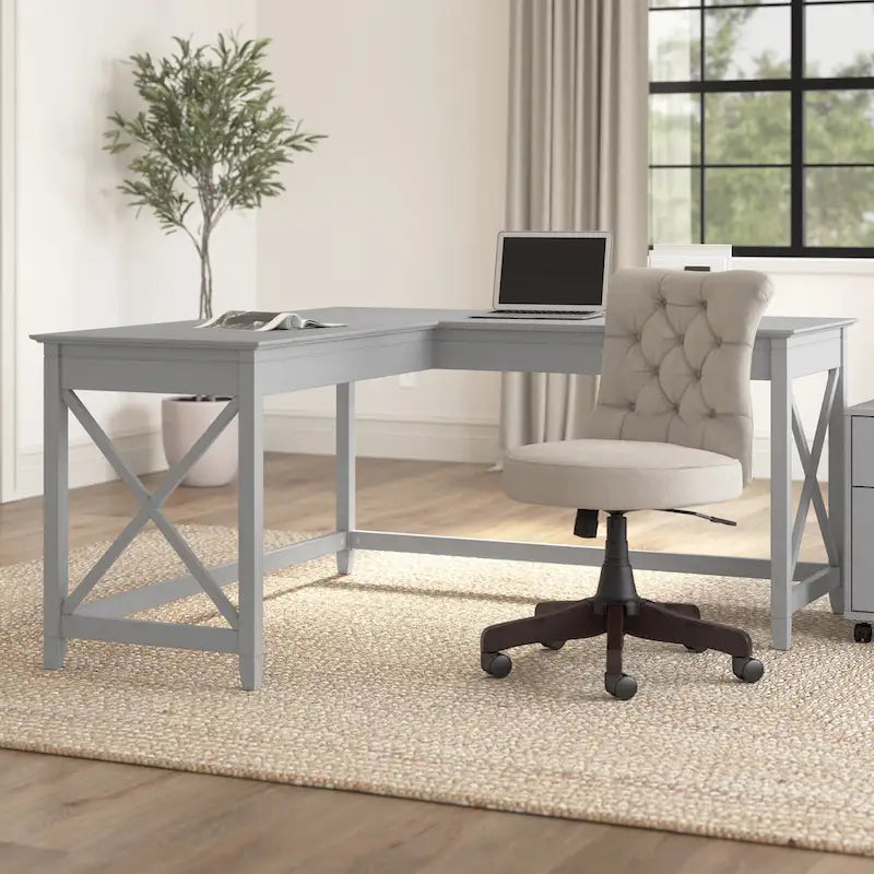 Bureau d'angle en L 2 personnes, 60W x 60D, Blanc Pur / Cerise Bing / Gris Lavé