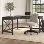 Bureau d'angle en L 2 personnes, 60W x 60D, Blanc Pur / Cerise Bing / Gris Lavé