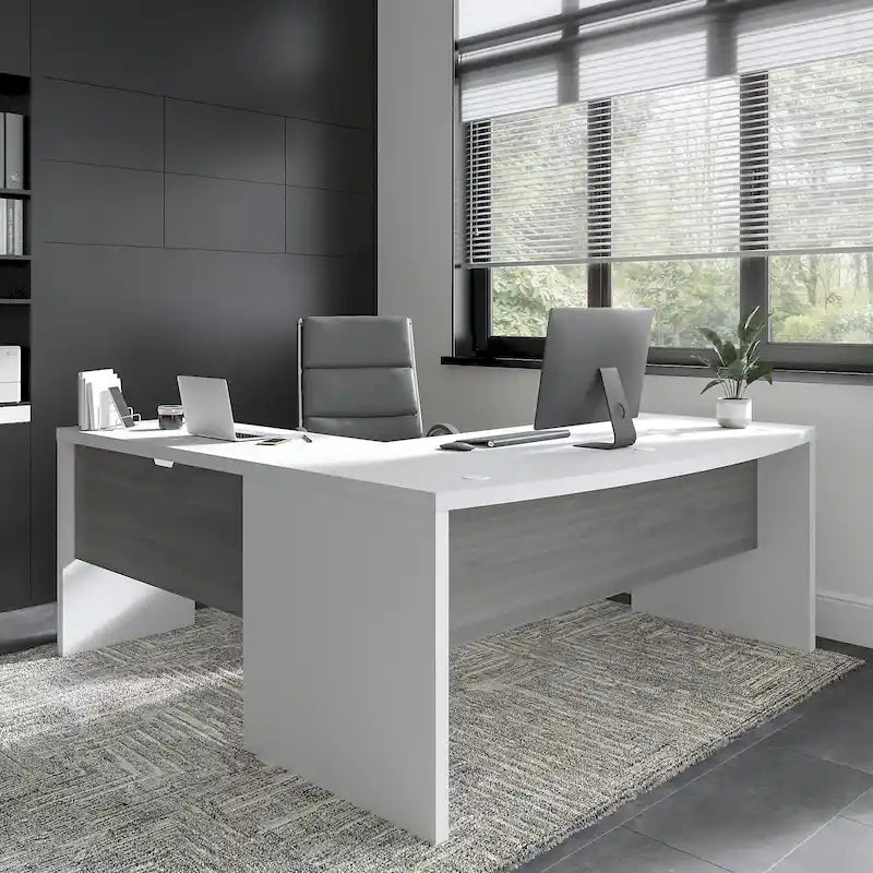 Bureau d'angle en L, façade galbée, plusieurs coloris, 1 à 2 personnes