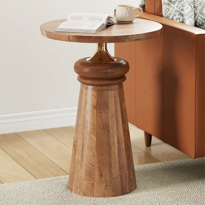 Table d'appoint ronde sur pied en bois de manguier naturel et métal doré