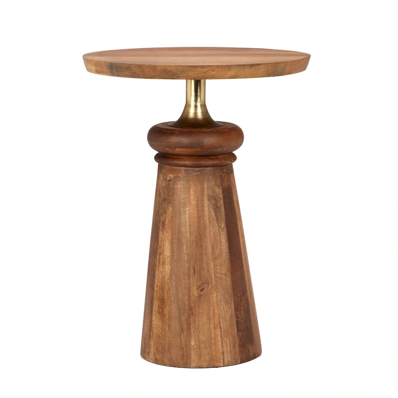 Table d'appoint ronde sur pied en bois de manguier naturel et métal doré