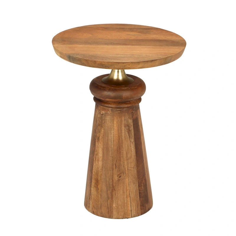 Table d'appoint ronde sur pied en bois de manguier naturel et métal doré