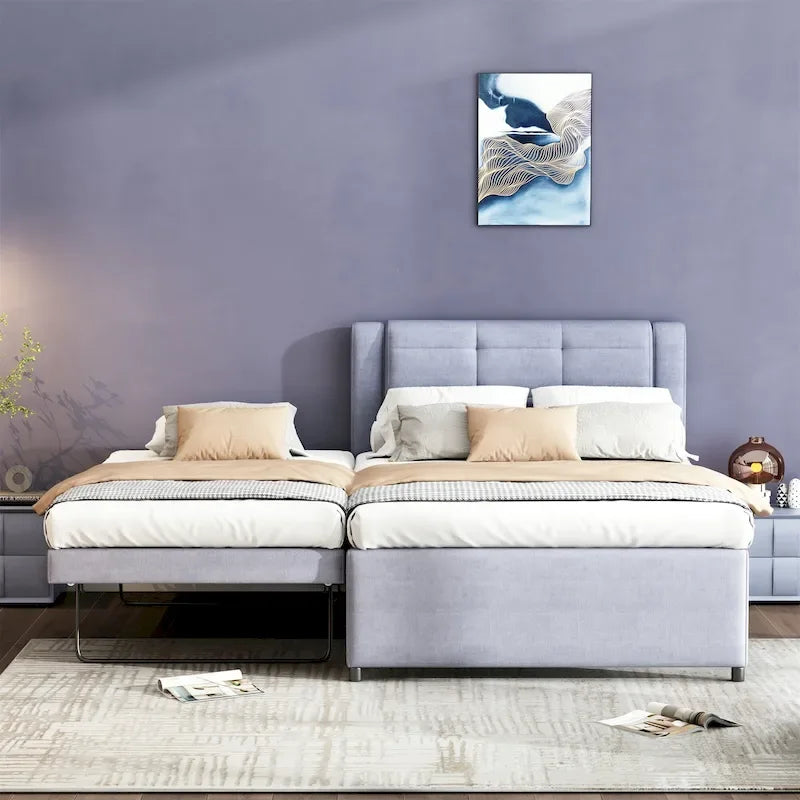 Lit plateforme double gris/beige avec lit gigogne, plat ou surélevé, 2 personnes