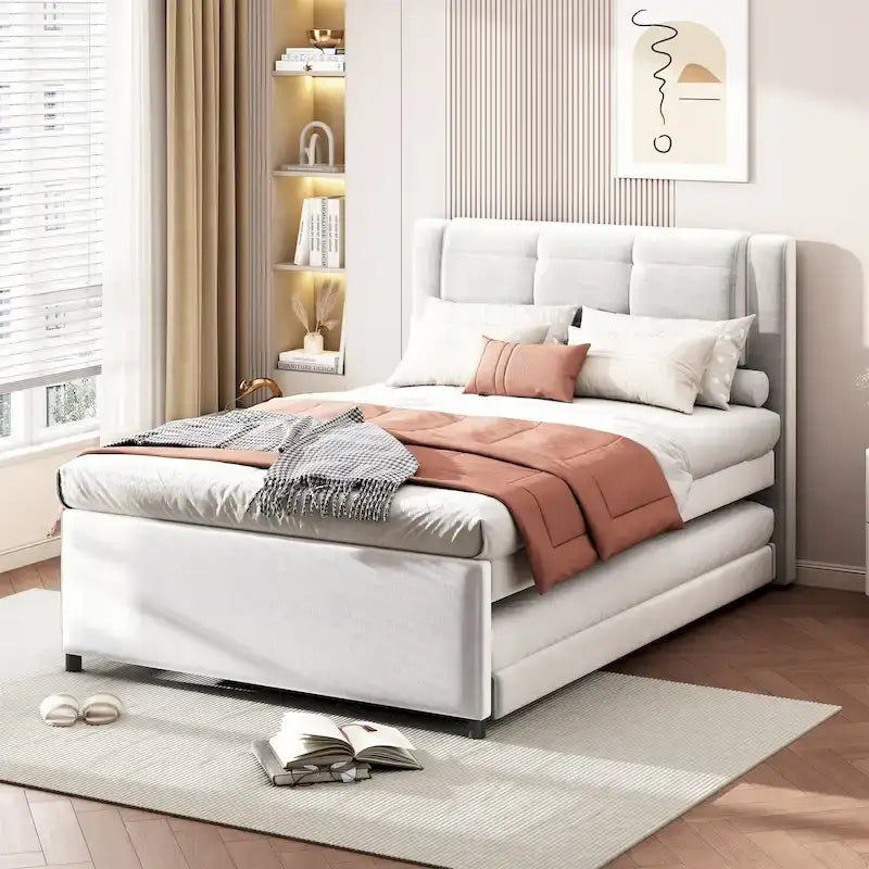 Lit plateforme double gris/beige avec lit gigogne, plat ou surélevé, 2 personnes