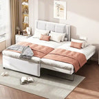 Lit plateforme grand format gris/beige avec lit gigogne, plat ou surélevé, 2 personnes