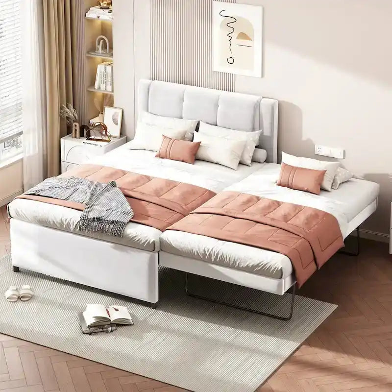 Lit plateforme double gris/beige avec lit gigogne, plat ou surélevé, 2 personnes