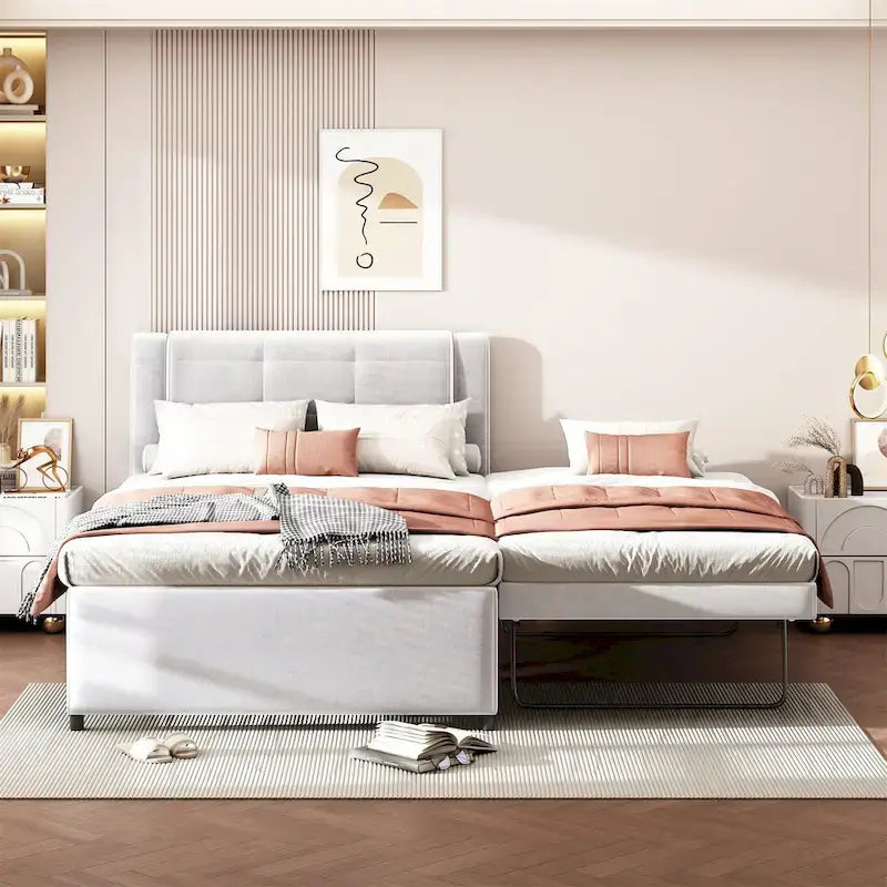 Lit plateforme double gris/beige avec lit gigogne, plat ou surélevé, 2 personnes