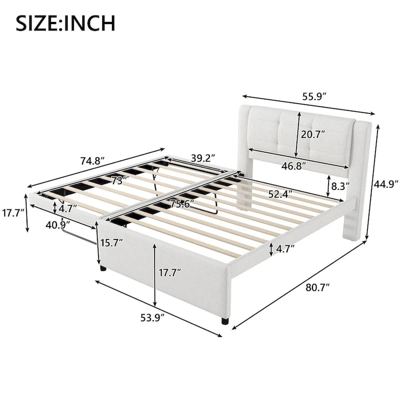 Lit plateforme double gris/beige avec lit gigogne, plat ou surélevé, 2 personnes