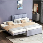 Lit plateforme grand format gris/beige avec lit gigogne, plat ou surélevé, 2 personnes