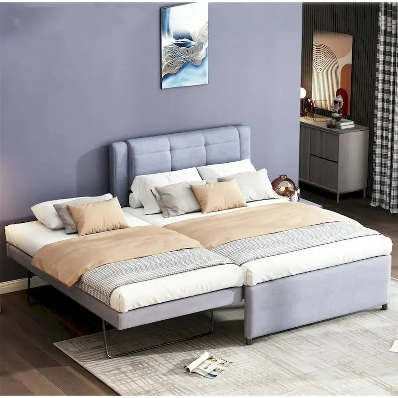 Lit plateforme grand format gris/beige avec lit gigogne, plat ou surélevé, 2 personnes