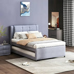 Lit plateforme grand format gris/beige avec lit gigogne, plat ou surélevé, 2 personnes