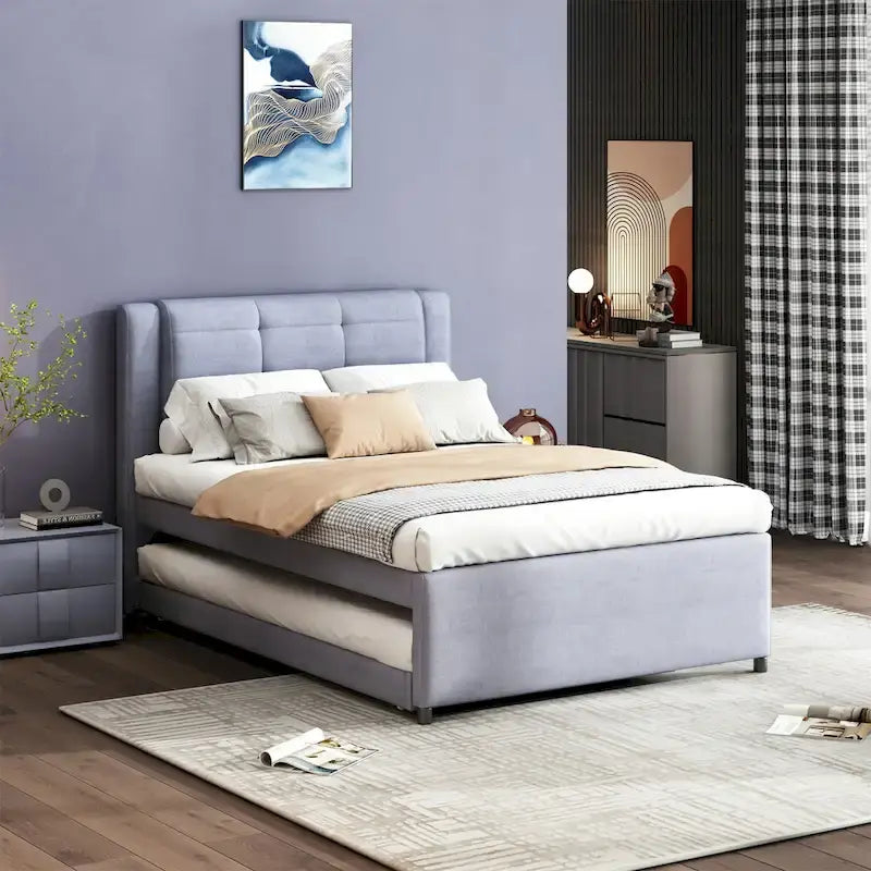 Lit plateforme grand format gris/beige avec lit gigogne, plat ou surélevé, 2 personnes