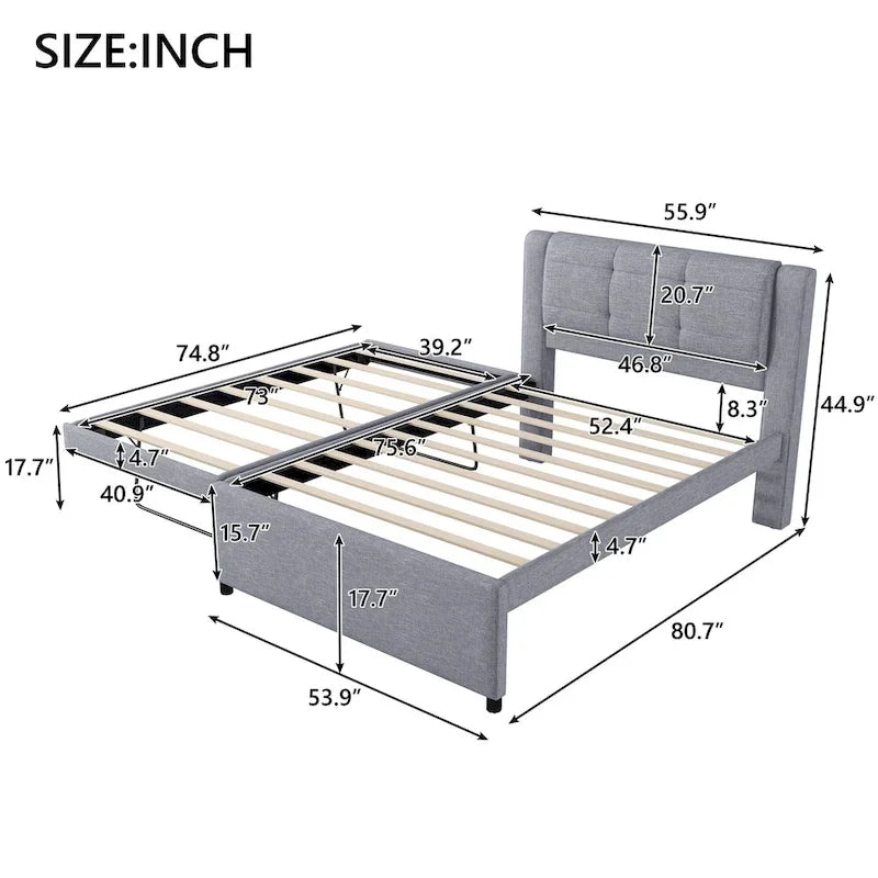 Lit plateforme grand format gris/beige avec lit gigogne, plat ou surélevé, 2 personnes