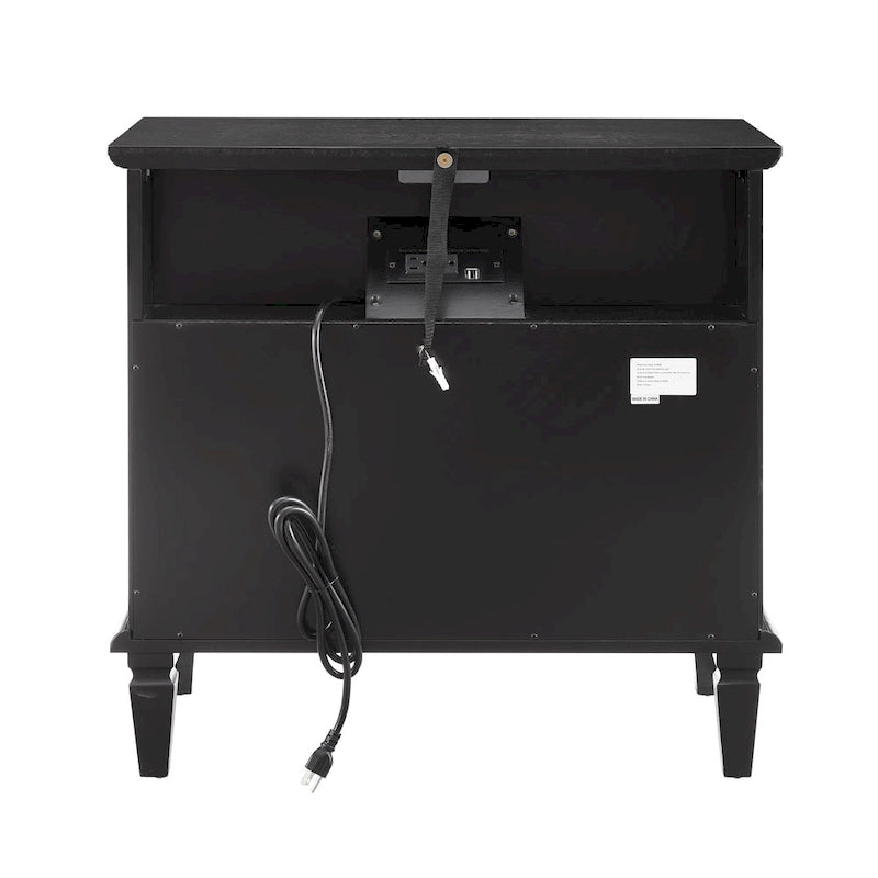 Table de chevet mi-siècle Noyer / Blanc / Noir avec 2 tiroirs et station de recharge, utilisation 1 personne