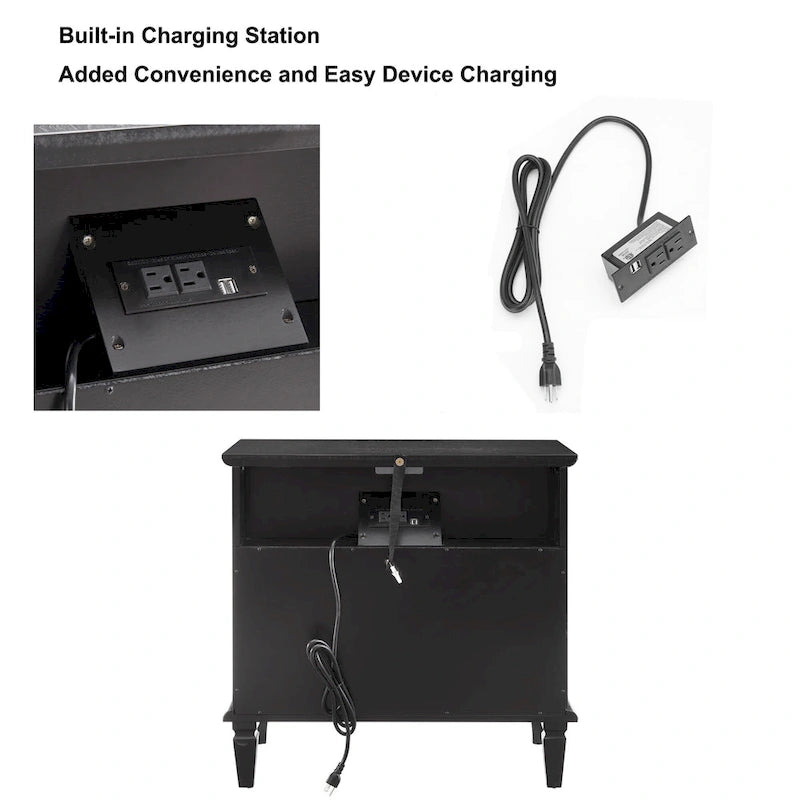 Table de chevet mi-siècle Noyer / Blanc / Noir avec 2 tiroirs et station de recharge, utilisation 1 personne