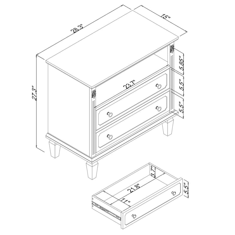 Table de chevet mi-siècle Noyer / Blanc / Noir avec 2 tiroirs et station de recharge, utilisation 1 personne