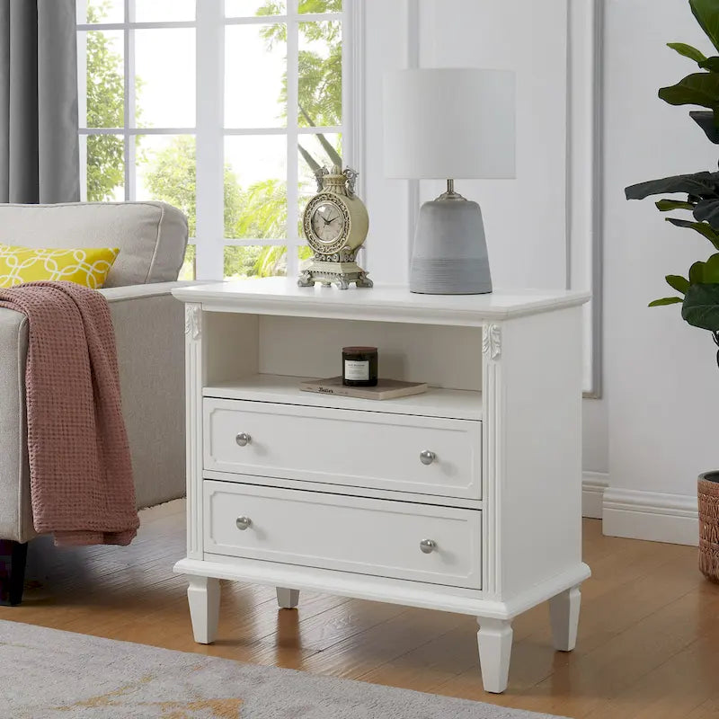 Table de chevet mi-siècle Noyer / Blanc / Noir avec 2 tiroirs et station de recharge, utilisation 1 personne