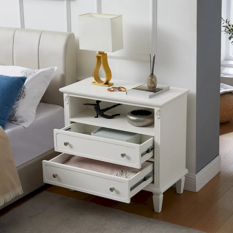 Table de chevet mi-siècle Noyer / Blanc / Noir avec 2 tiroirs et station de recharge, utilisation 1 personne