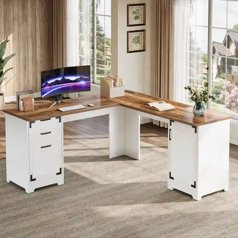 Bureau d'angle en L marron rustique et blanc avec prises de courant, ports USB et Type-C, 1 personne