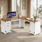Bureau d'angle en L marron rustique et blanc avec prises de courant, ports USB et Type-C, 1 personne