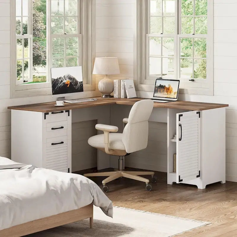 Bureau d'angle en L marron rustique et blanc avec prises de courant, ports USB et Type-C, 1 personne