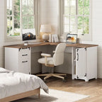 Bureau d'angle en L marron rustique et blanc avec prises de courant, ports USB et Type-C, 1 personne