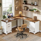 Bureau d'angle en L marron rustique et blanc avec prises de courant, ports USB et Type-C, 1 personne