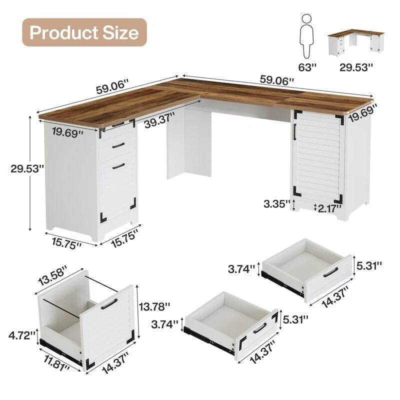 Bureau d'angle en L marron rustique et blanc avec prises de courant, ports USB et Type-C, 1 personne