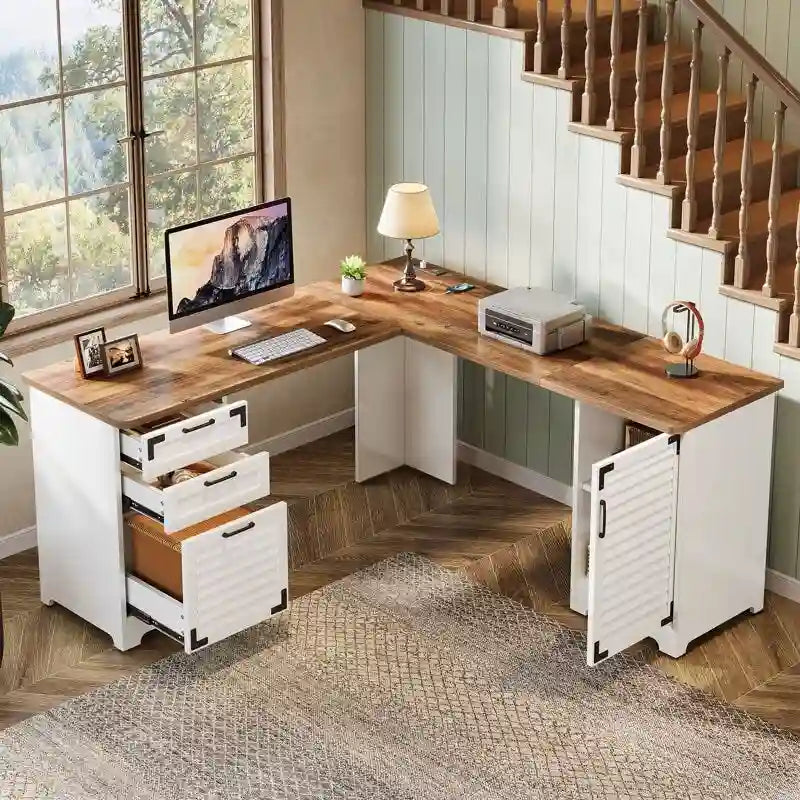 Bureau d'angle en L marron rustique et blanc avec prises de courant, ports USB et Type-C, 1 personne