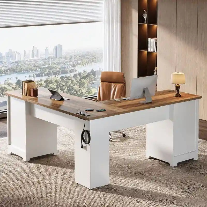 Bureau d'angle en L marron rustique et blanc avec prises de courant, ports USB et Type-C, 1 personne