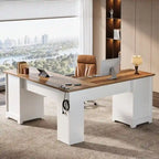 Bureau d'angle en L marron rustique et blanc avec prises de courant, ports USB et Type-C, 1 personne
