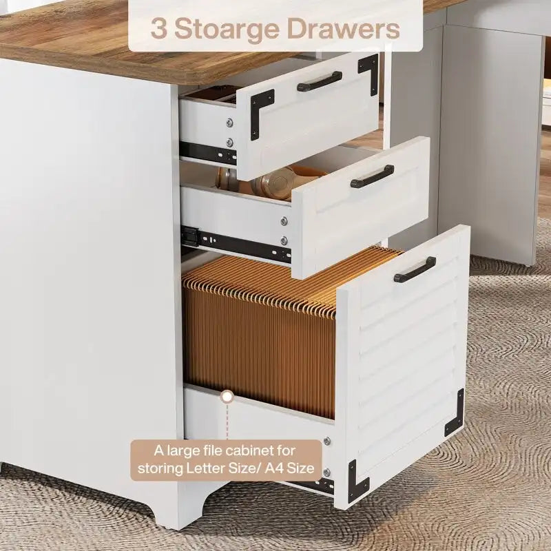 Bureau d'angle en L marron rustique et blanc avec prises de courant, ports USB et Type-C, 1 personne