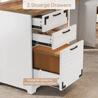 Bureau d'angle en L marron rustique et blanc avec prises de courant, ports USB et Type-C, 1 personne