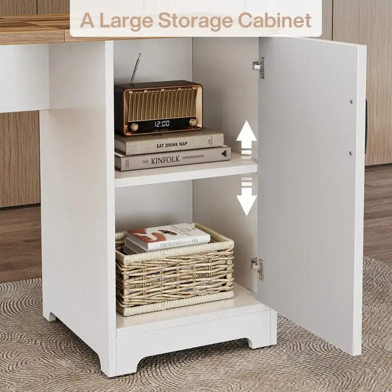 Bureau d'angle en L marron rustique et blanc avec prises de courant, ports USB et Type-C, 1 personne