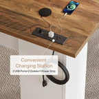Bureau d'angle en L marron rustique et blanc avec prises de courant, ports USB et Type-C, 1 personne
