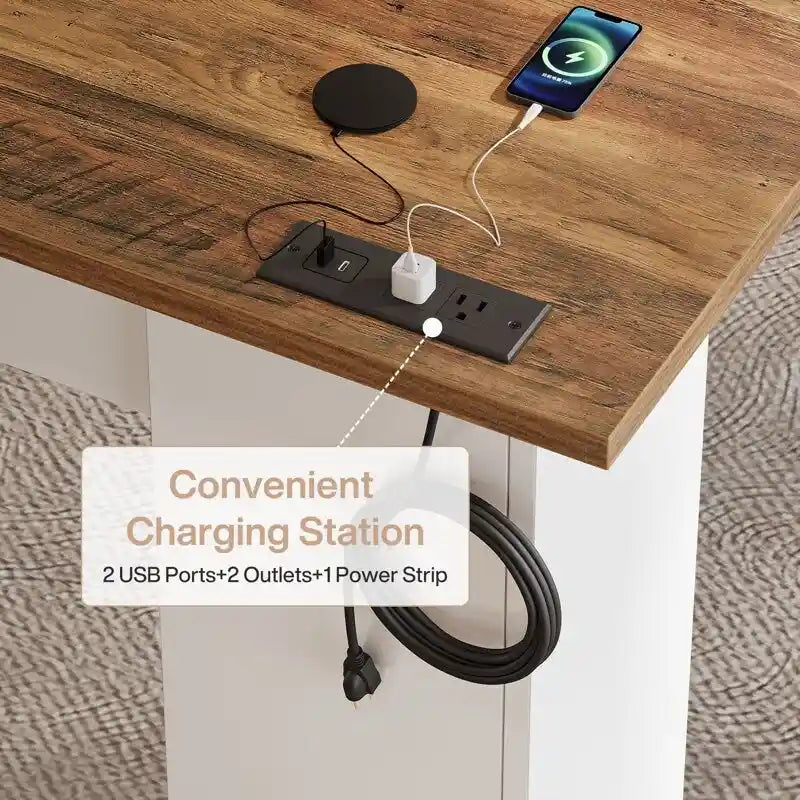 Bureau d'angle en L marron rustique et blanc avec prises de courant, ports USB et Type-C, 1 personne