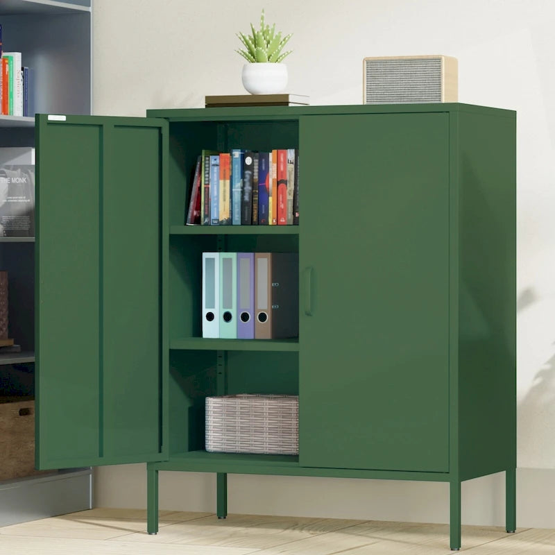 Armoire de rangement métallique 2 niveaux 4 portes vert armée/noir/blanc pour 1 personne