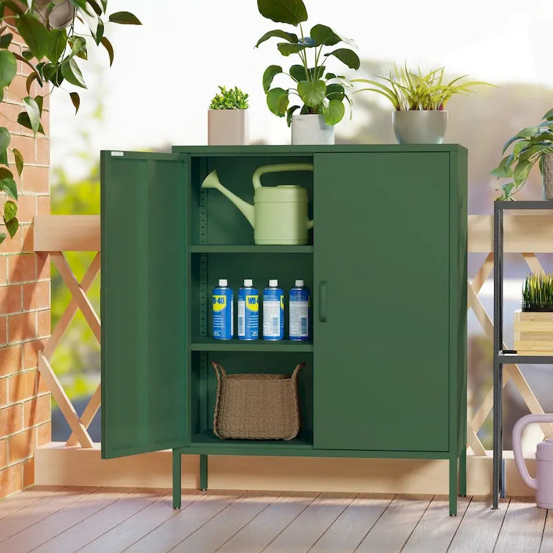 Armoire de rangement en métal à 2 portes et 2 niveaux vert armée / noir / blanc pour 1 personne